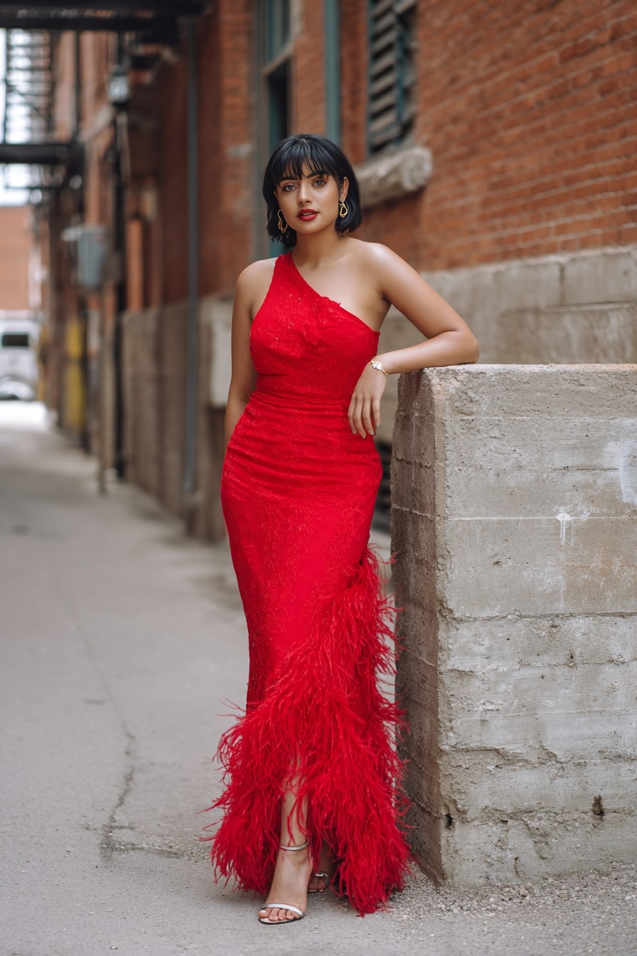 Feathered Hem Gown + One-Shoulder Cut