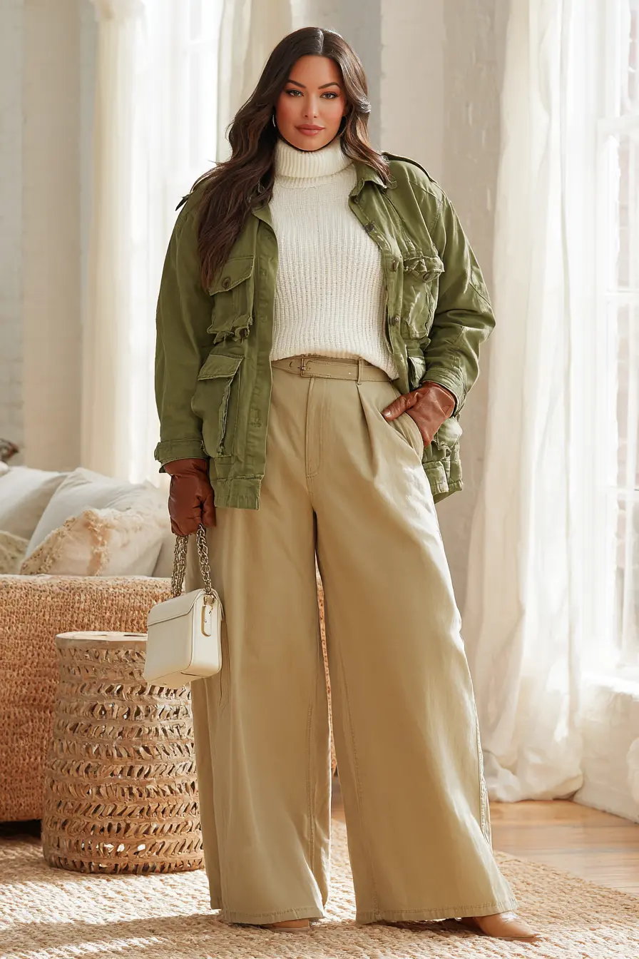 Olive Utility Jacket + Wide-Leg Trousers