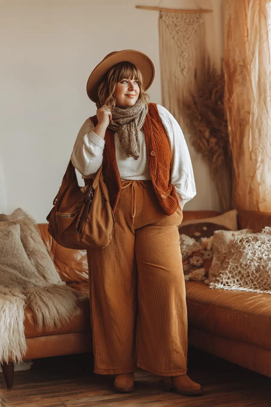 Corduroy Vest + Wide-Leg Pants Warmth