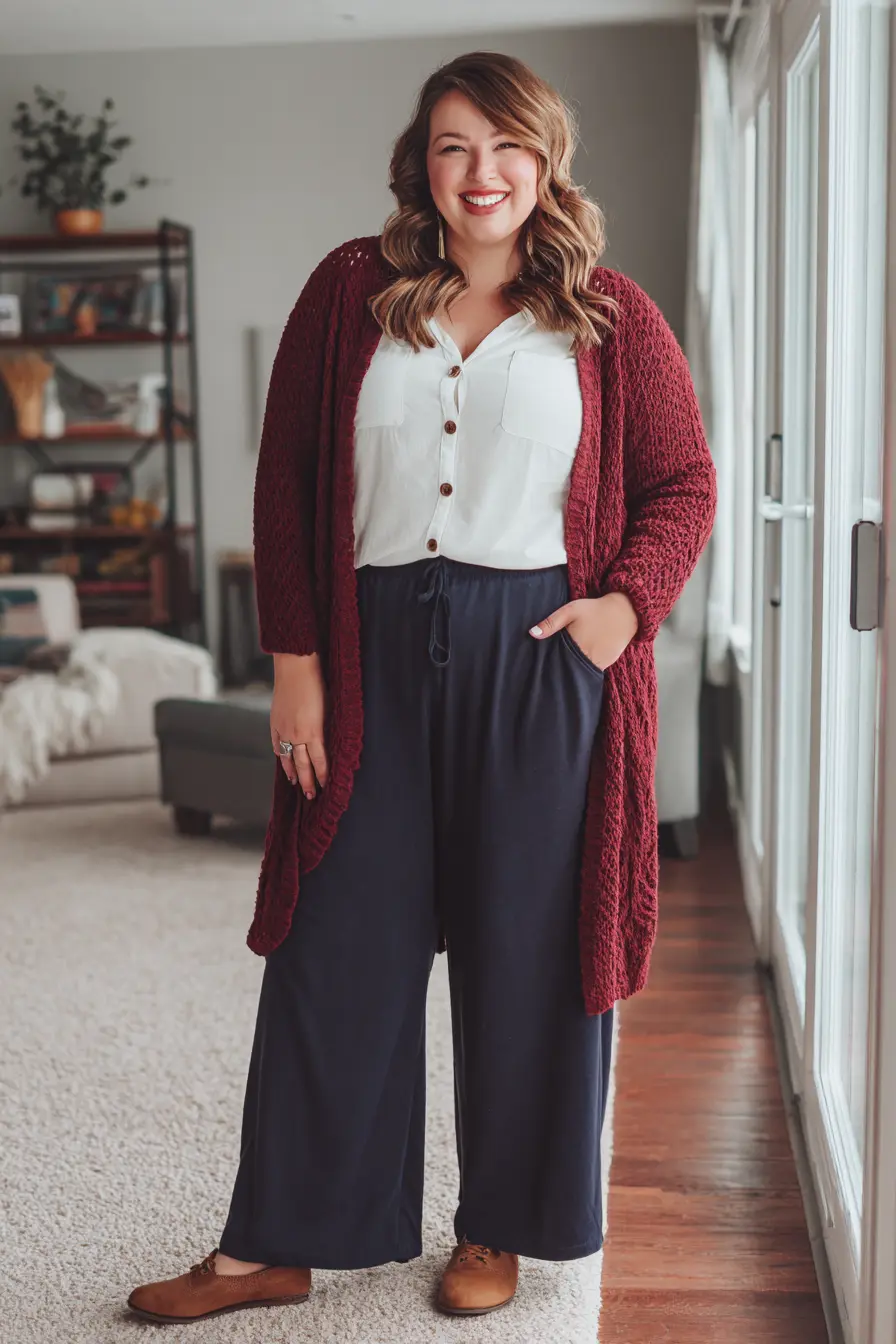 Cranberry Cardigan + Navy Wide-Leg Pants
