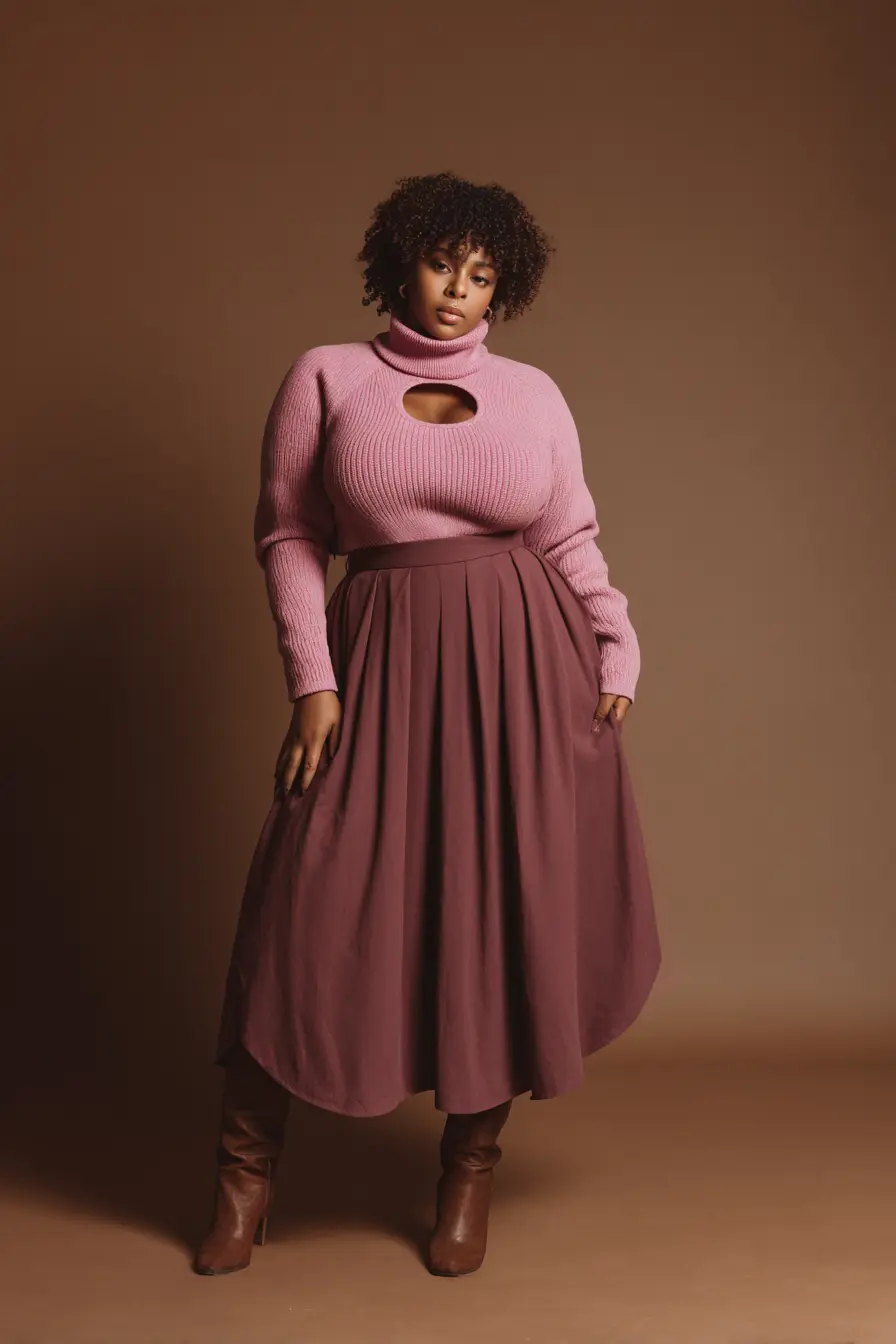 Cutout Turtleneck Texture + Flowing High-Waist Skirt