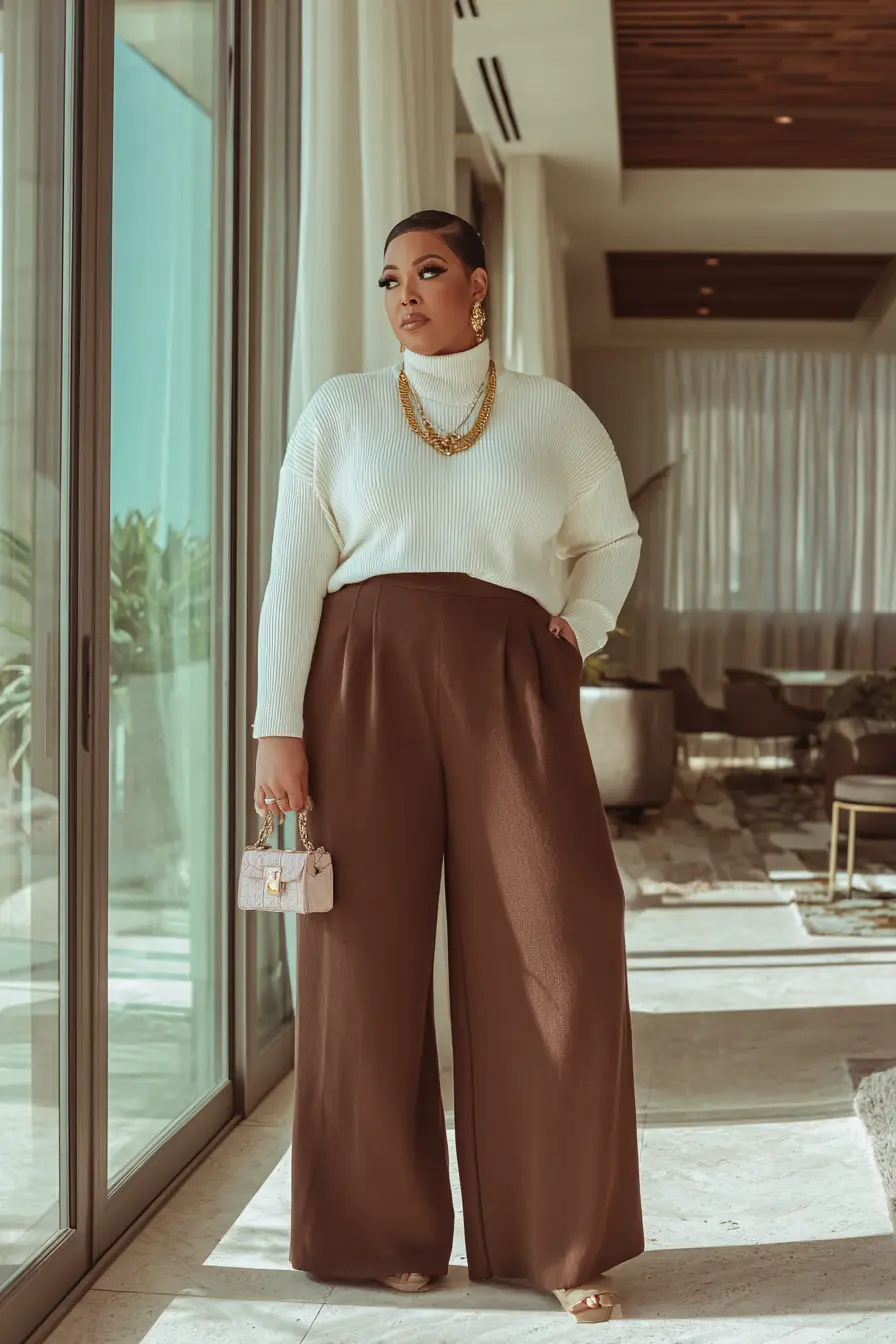 Ribbed Mock-Neck Sweater + Flowing Wide-Leg Trousers