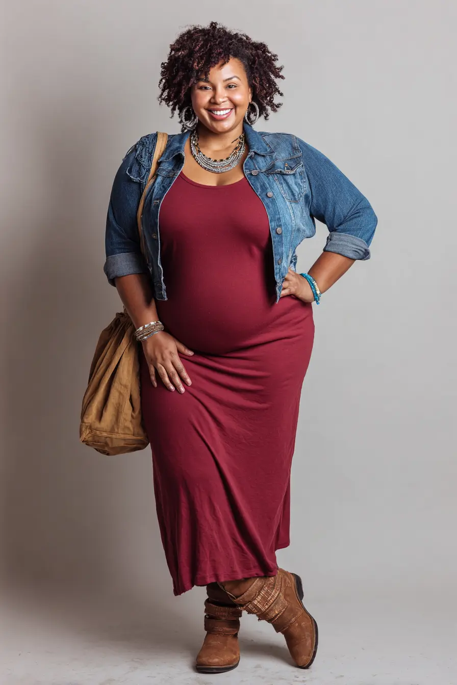 Fitted Denim Jacket Layered Over a Soft Maxi Dress