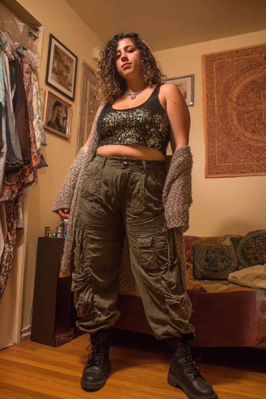 Sequin Crop Top + Cargo Pants
