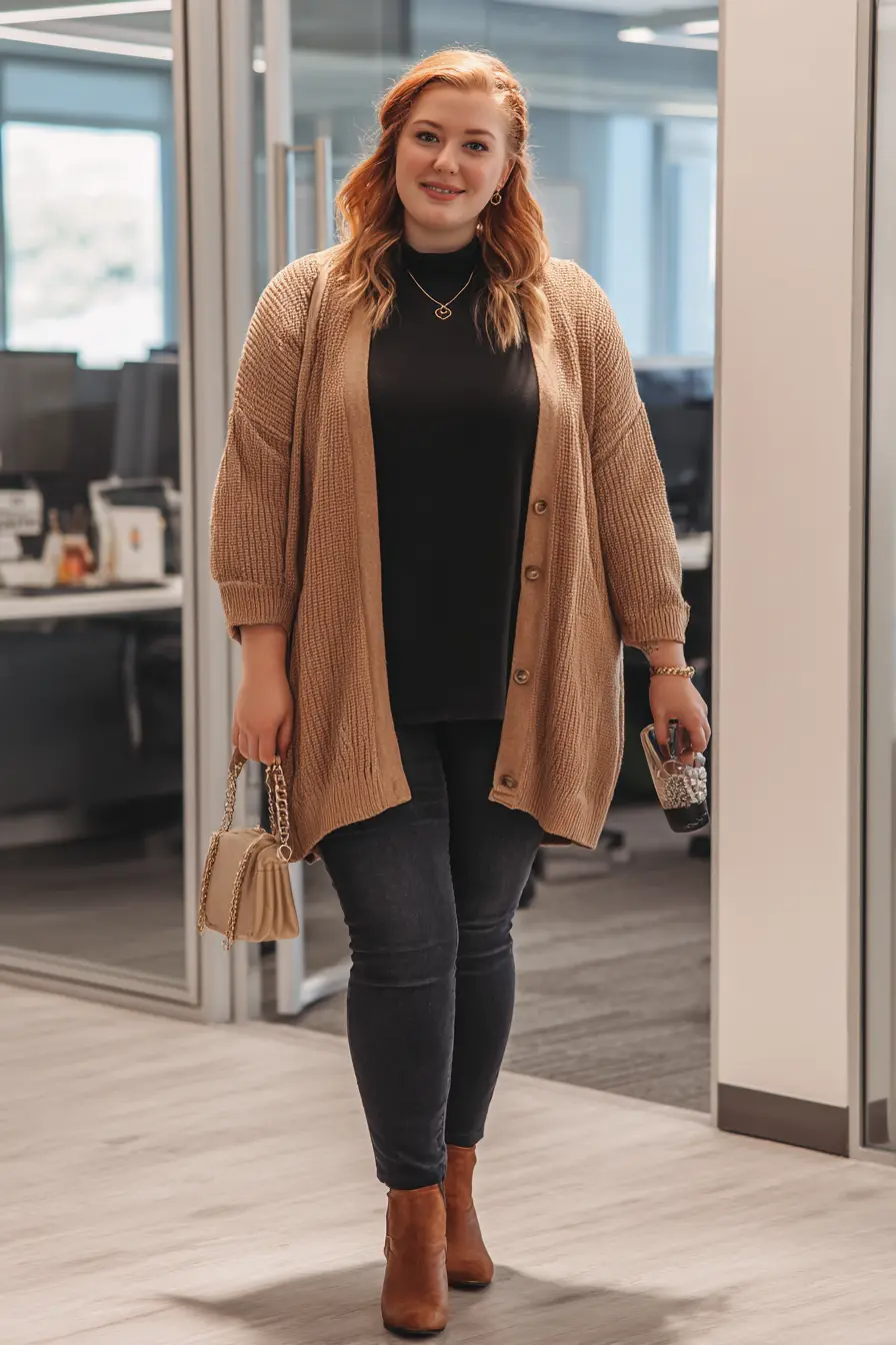 Camel Cardigan + Black Base Layers