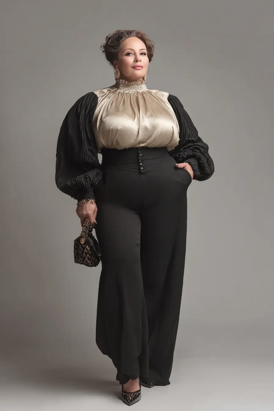 Satin Ruffled Blouse + High-Waist Wide-Leg Trousers