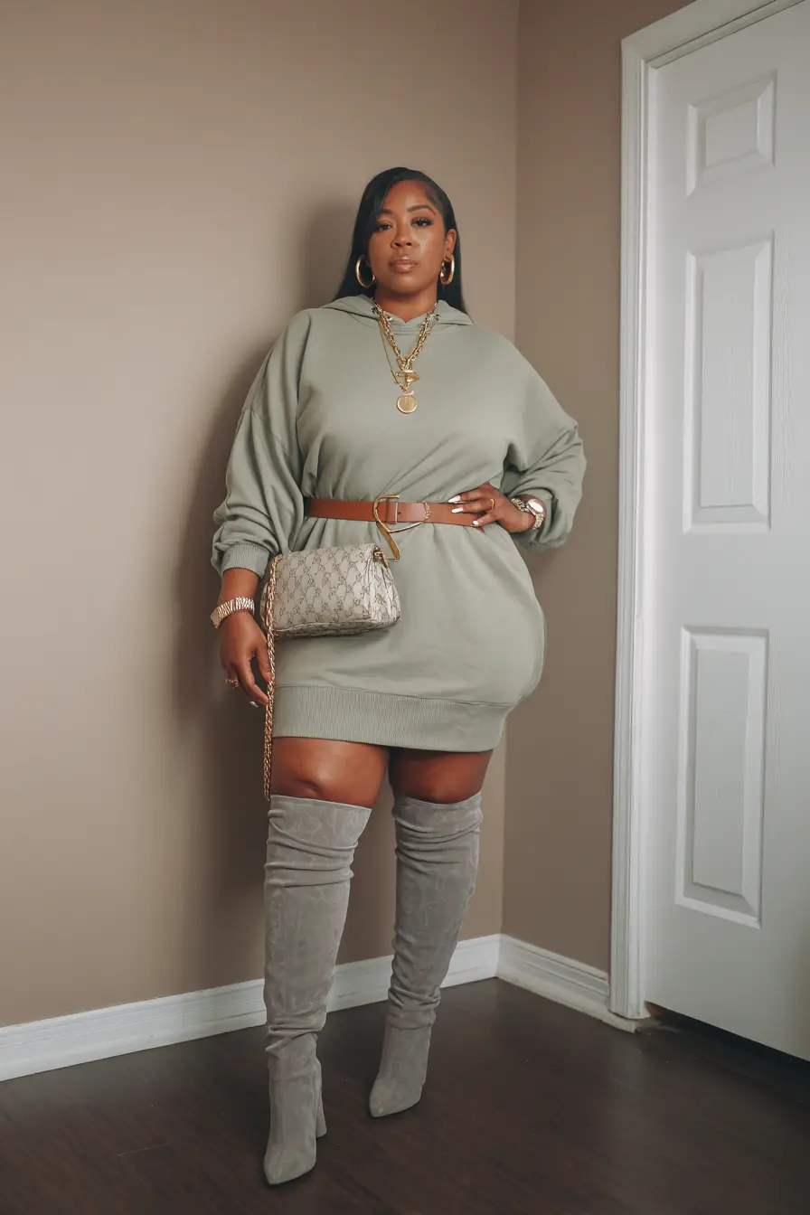 Hoodie Dress + Thigh-High Boots Curve