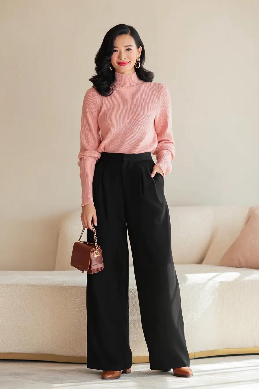 Blush Mock-Neck Sweater + Flowing Black Trousers