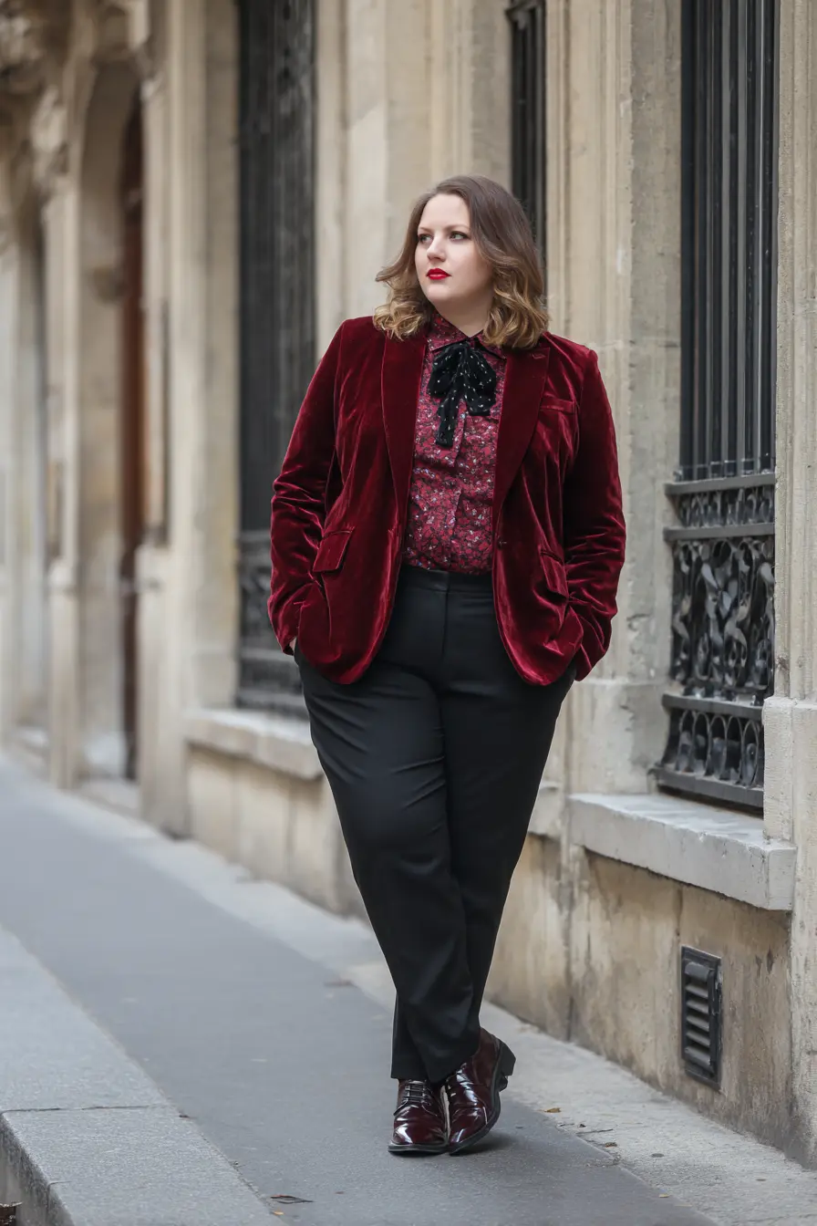 Velvet Blazer + Slim Pants + Printed Blouse
