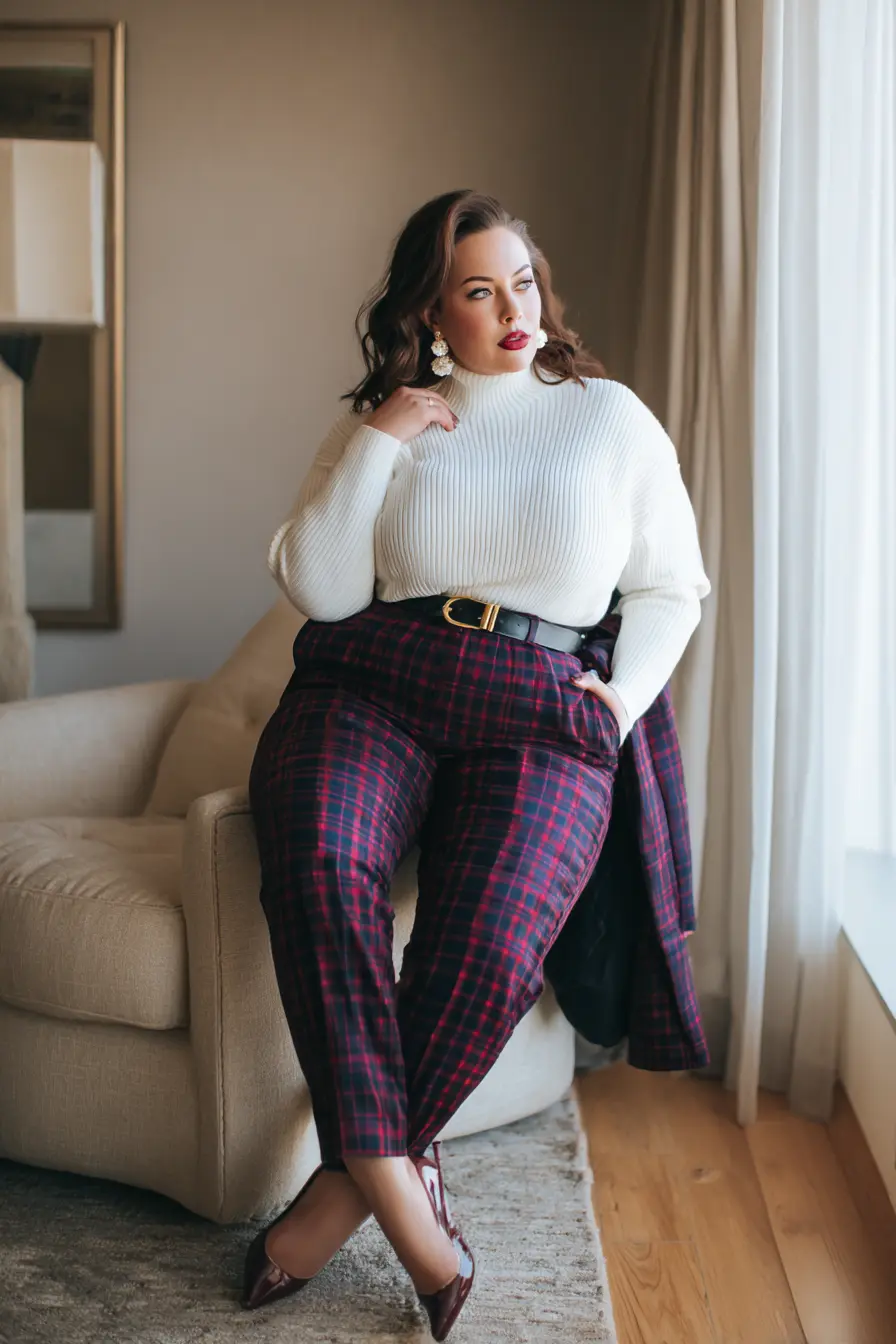 Ribbed Turtleneck + Plaid Trousers