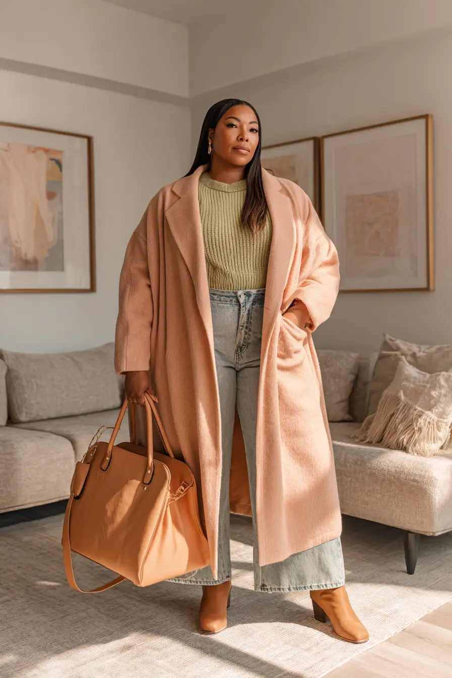 Camel Maxi Coat + Soft-Sage Sweater