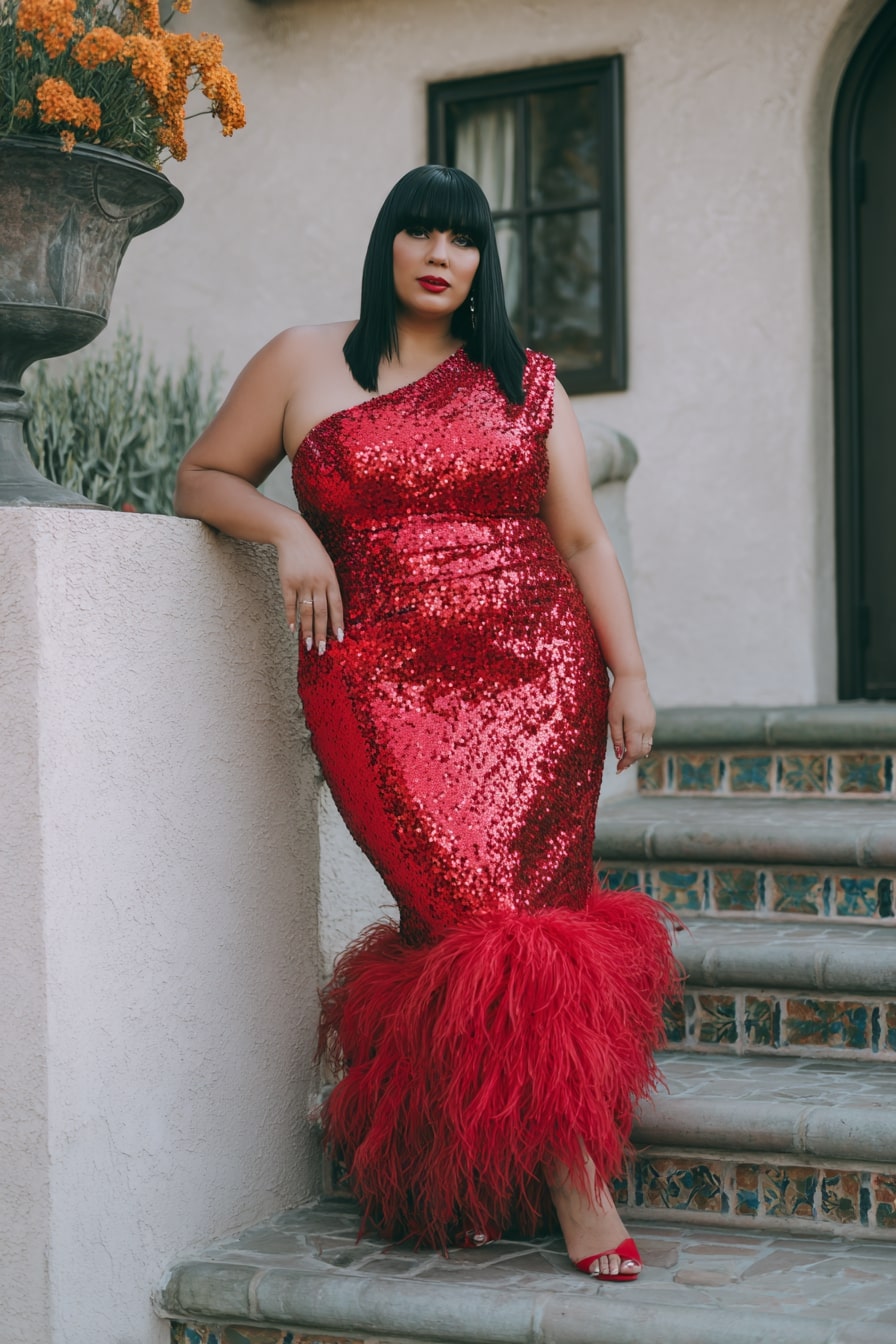 Red Sequin One-Shoulder Gown with Feather Hem