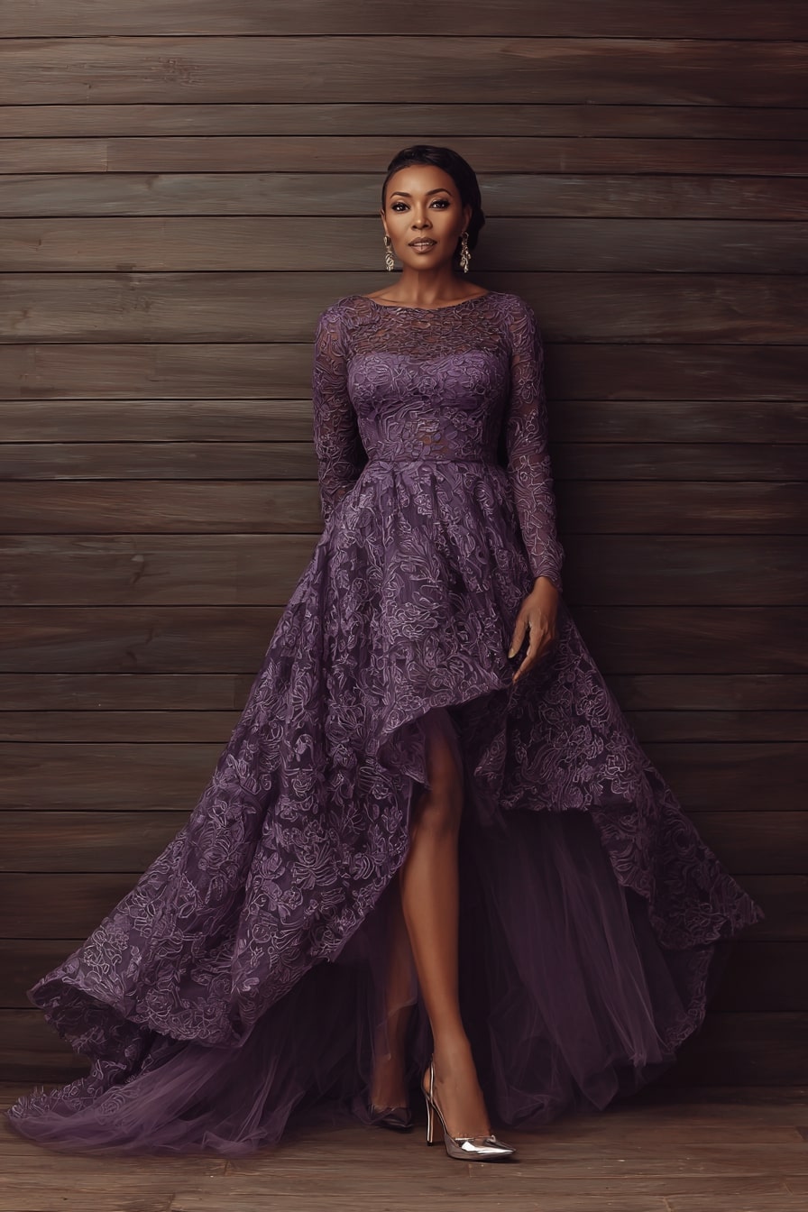 Lace High-Low Gown + Sheer Detailing