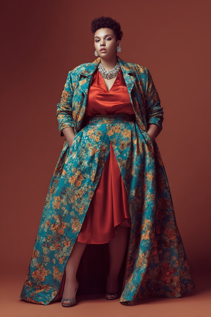 Bold Floral Coat and Red Dress Ensemble for Valentine’s Glam