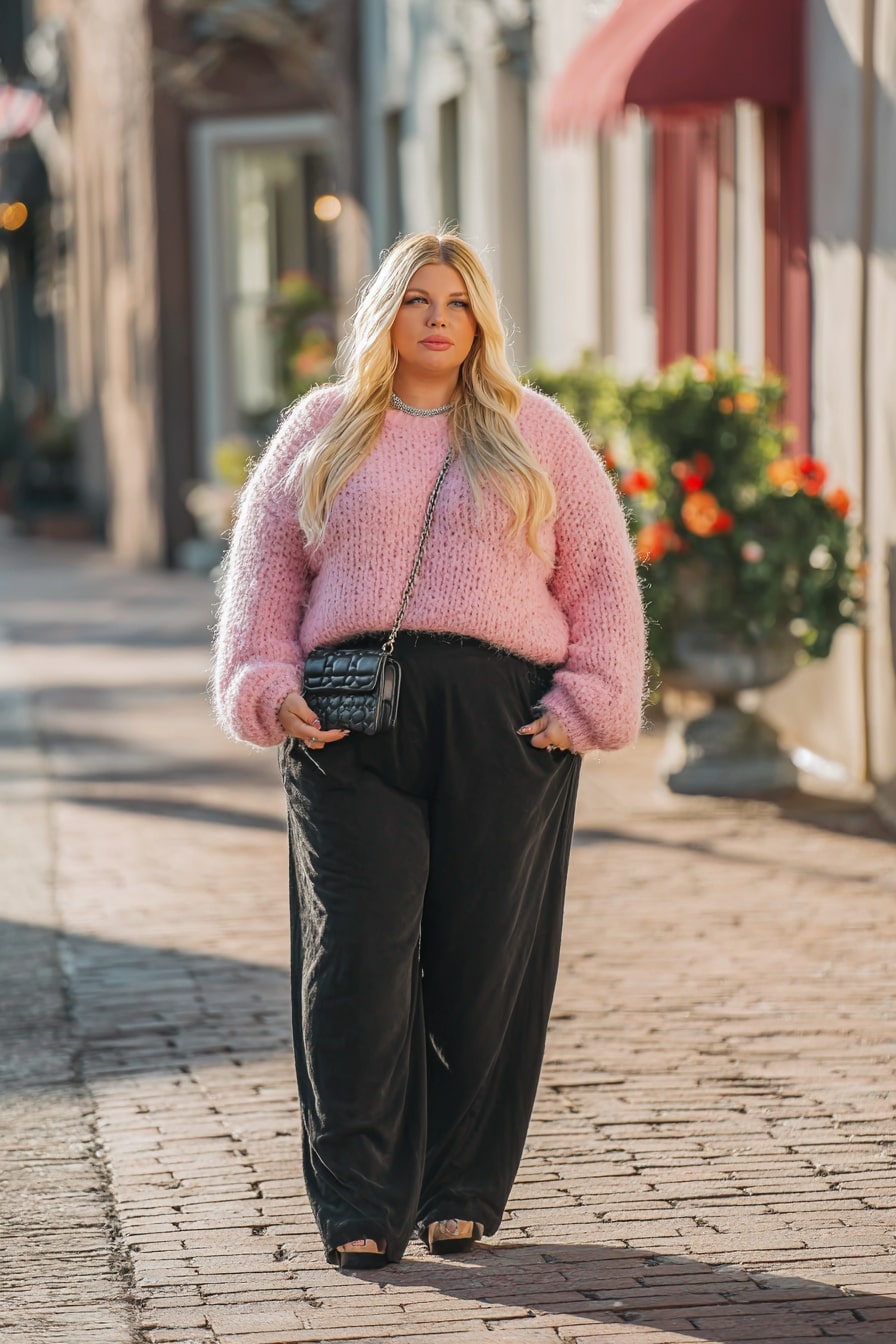 Fluffy Pink Sweater with Wide-Leg Black Pants