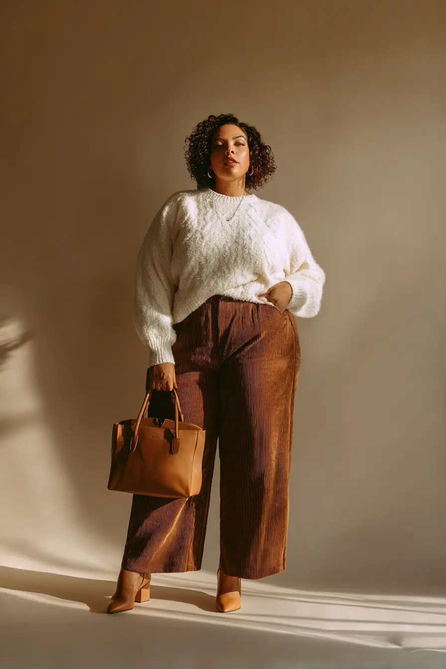 Textured Cable Sweater + Wide-Leg Corduroy Trousers