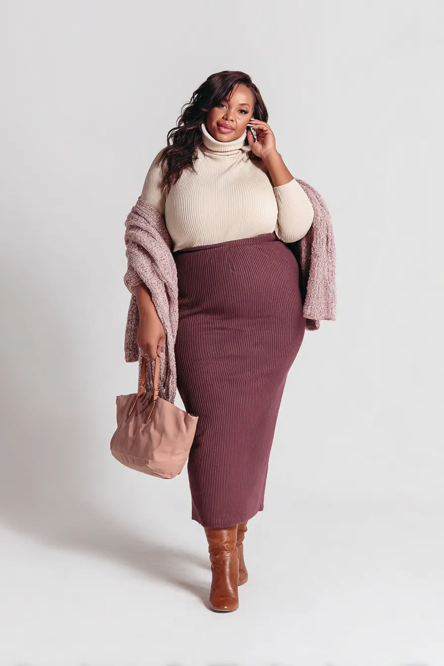Cozy Ribbed Turtleneck + Cranberry Knit Maxi Skirt