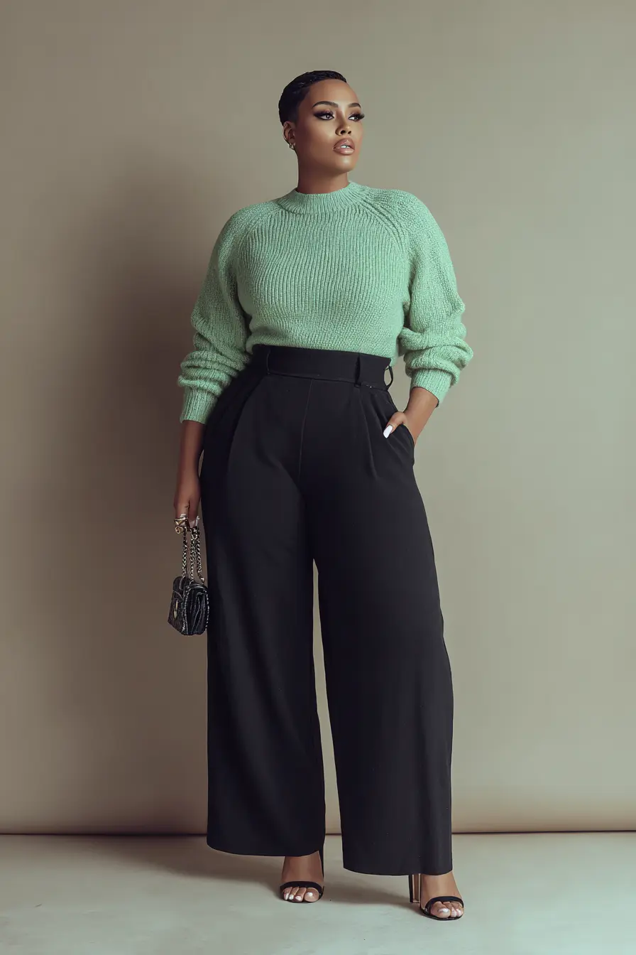 Mint Knit Pullover + High-Waist Wide Trousers