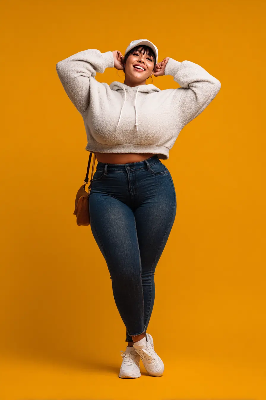 Cropped Teddy Hoodie + High-Rise Dark Denim