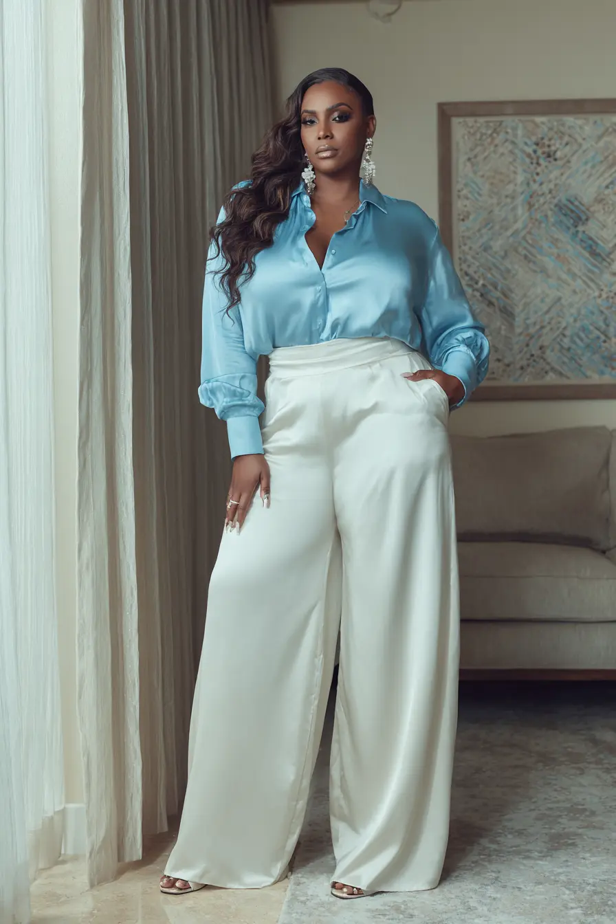 Satin Button-Up Blouse + Wide-Leg Trousers