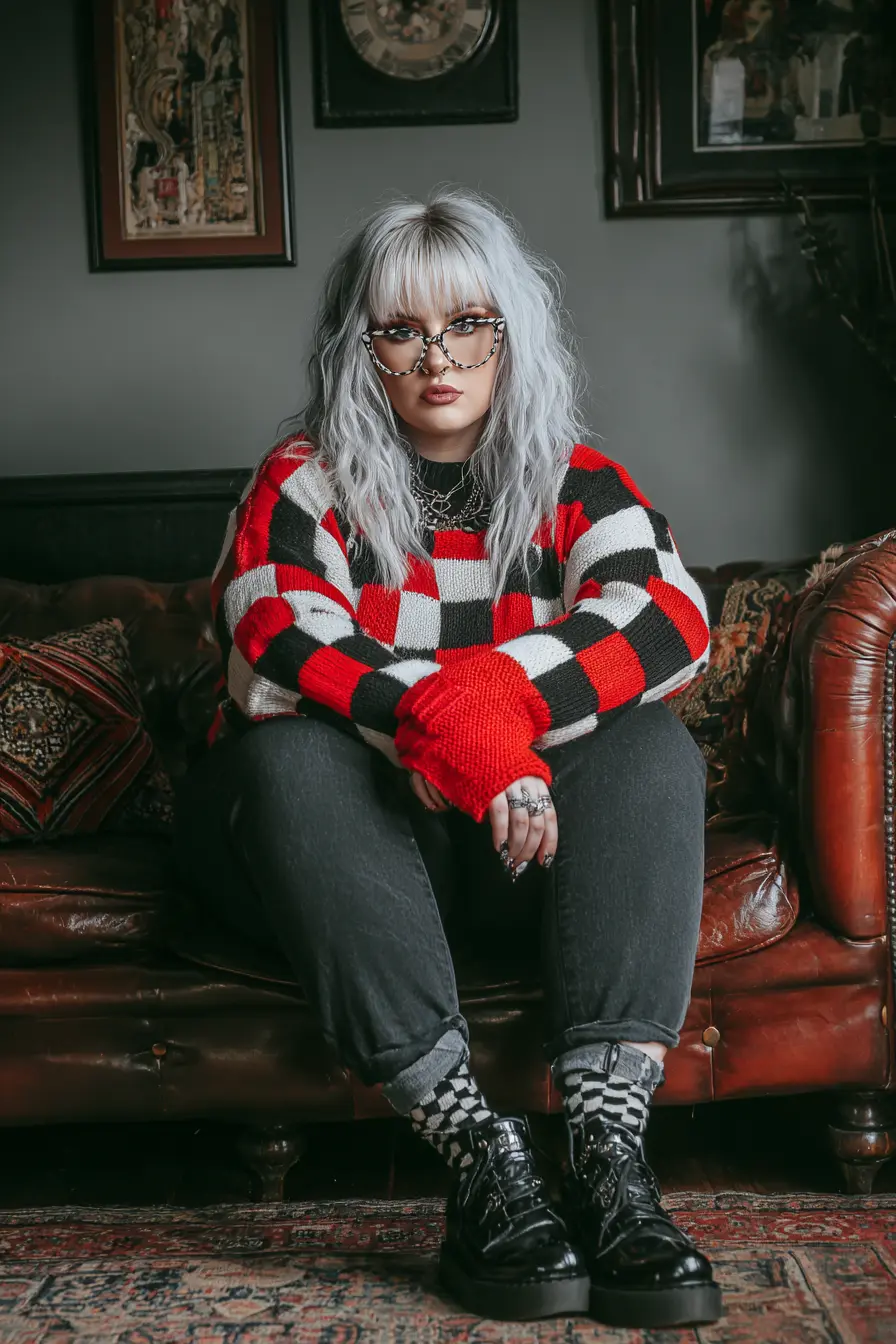 Checkered Knit Sweater + Rolled Denim