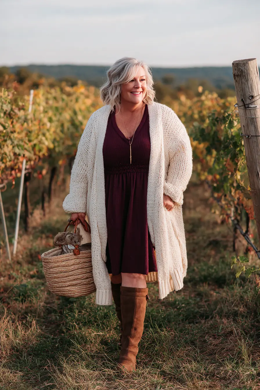 Chunky Knit Cardigan + Burgundy Dress