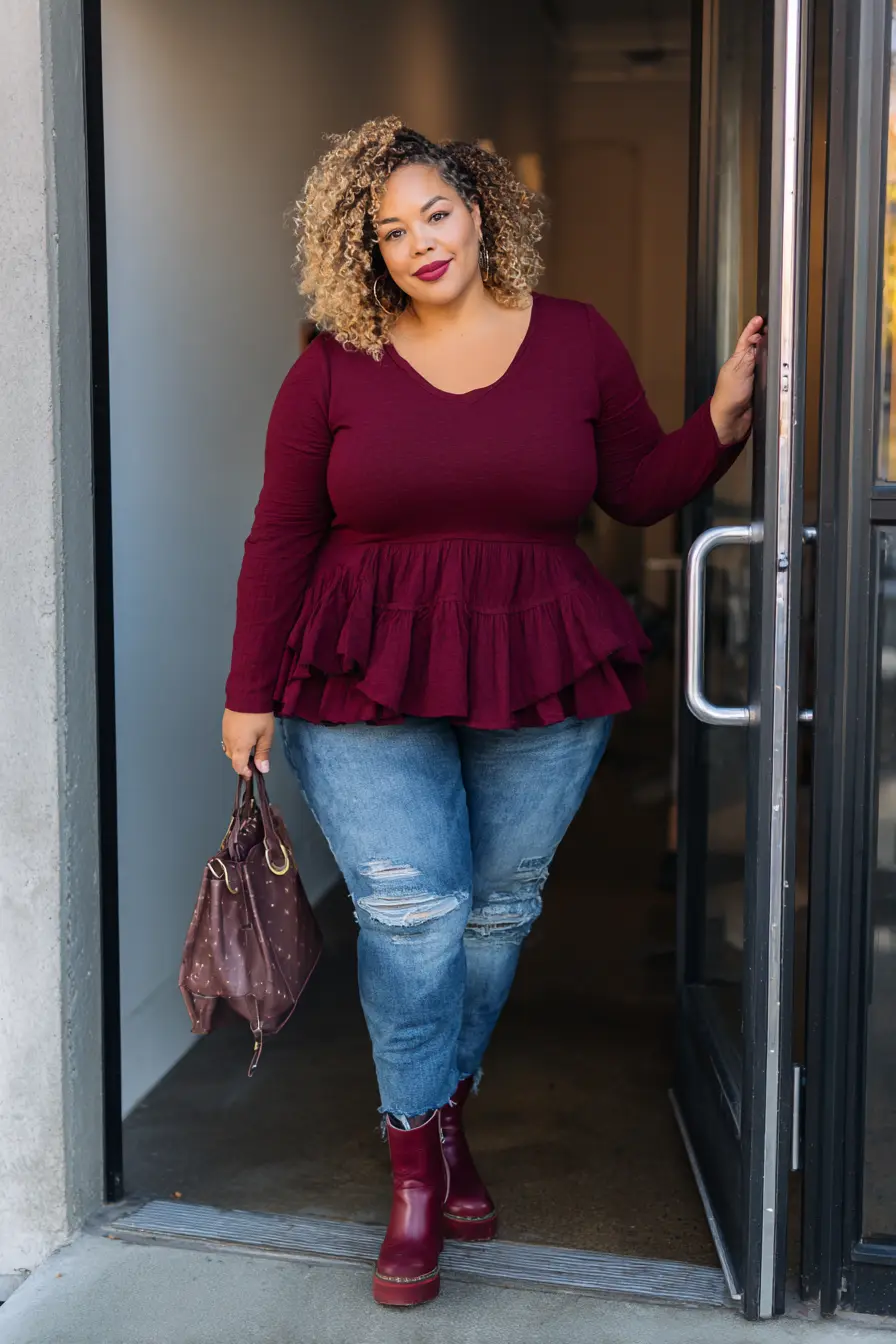 Peplum Top + Distressed Skinny Jeans