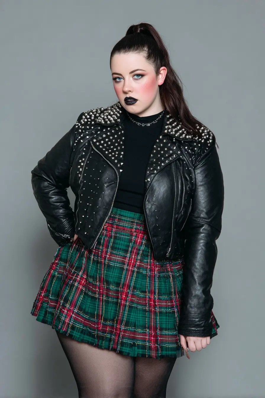 Studded Leather Jacket + Plaid Mini Skirt