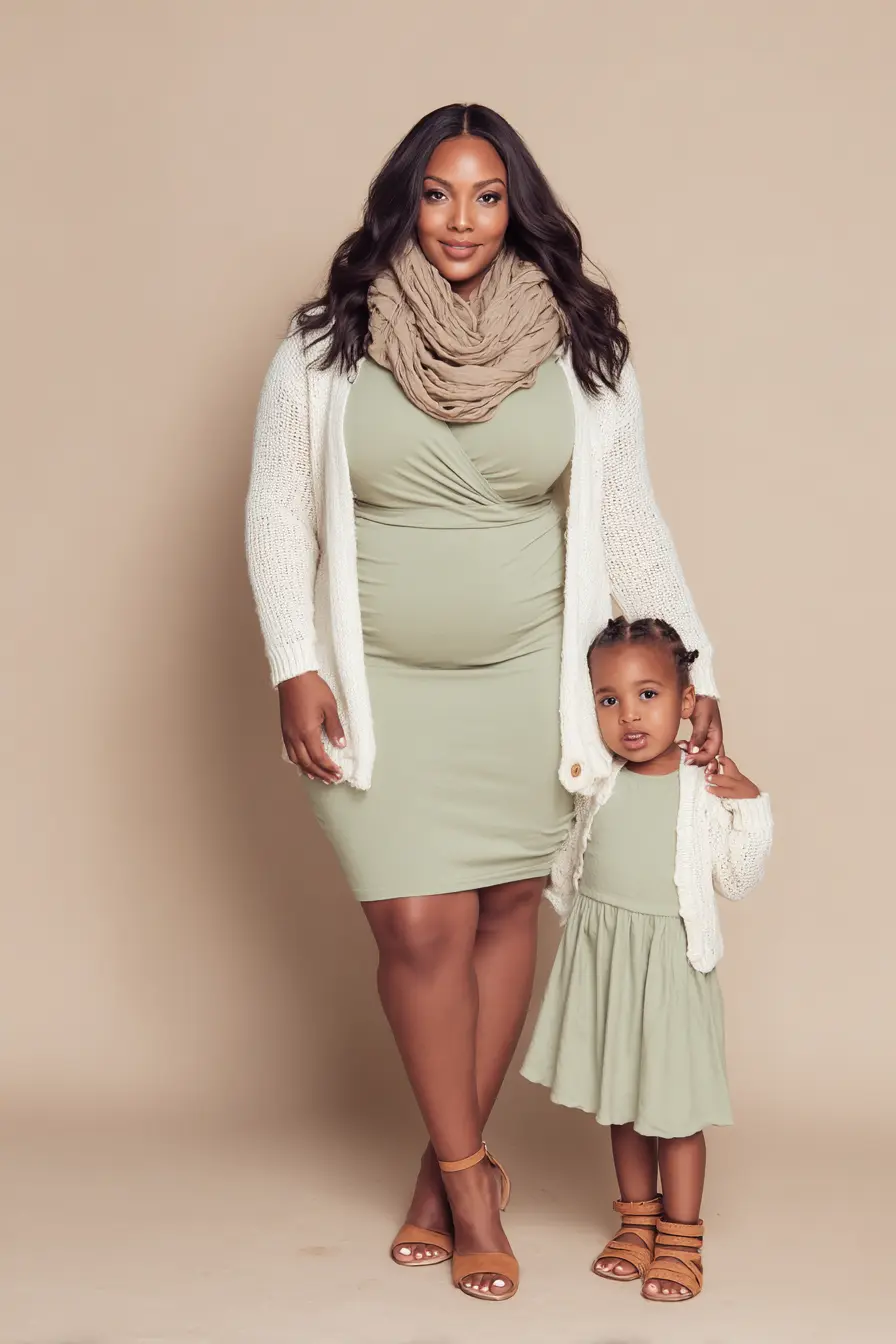 Sage Green Midi Dress + Cozy Knit Layers