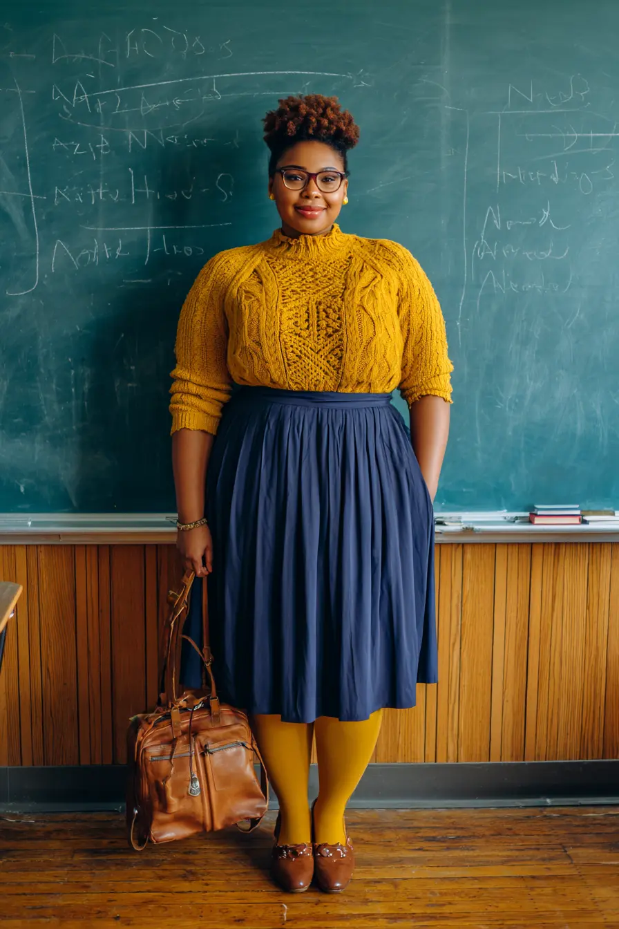 Textured Cable Sweater + Pleated Midi Skirt
