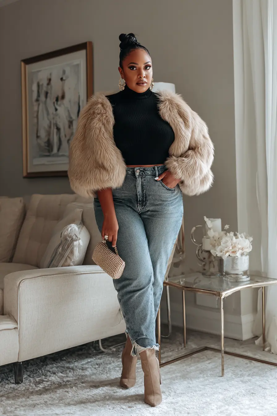 Faux Fur Jacket + High-Rise Jeans Balance