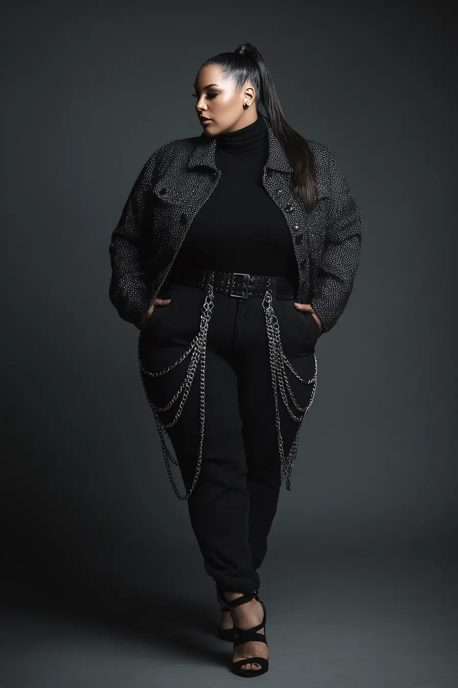Textured Military Jacket + Chain-Draped Black Pants