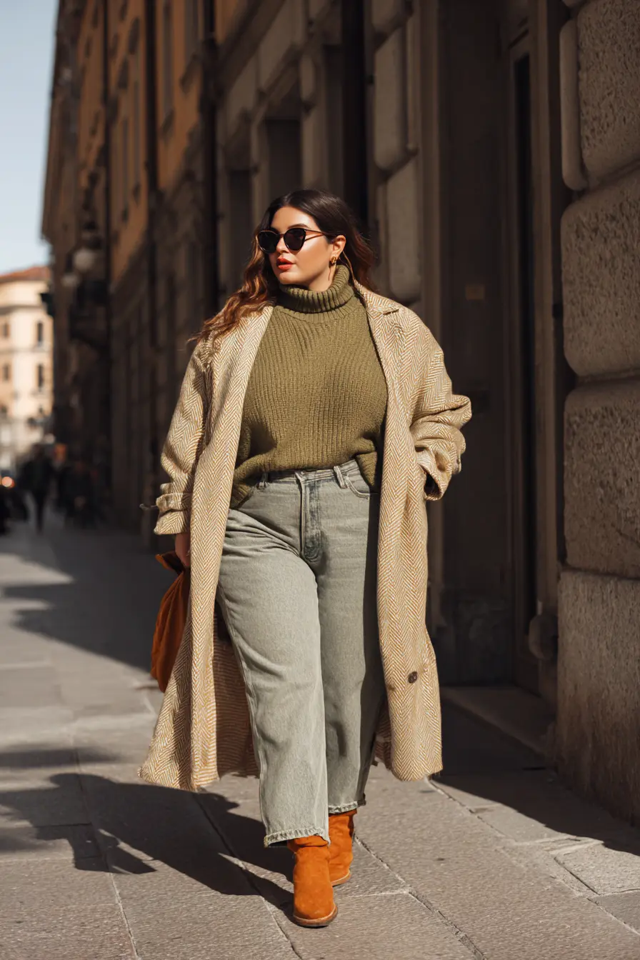 Textured Coat + Chunky Turtleneck + Wide-Leg Jeans