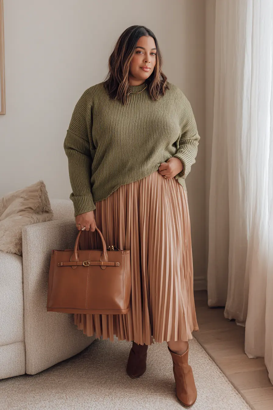 Olive Sweater + Pleated Midi Skirt