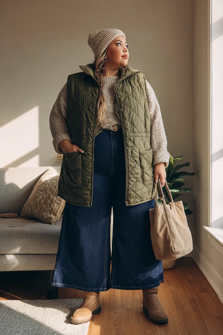 Quilted Vest + Wide-Leg Jeans