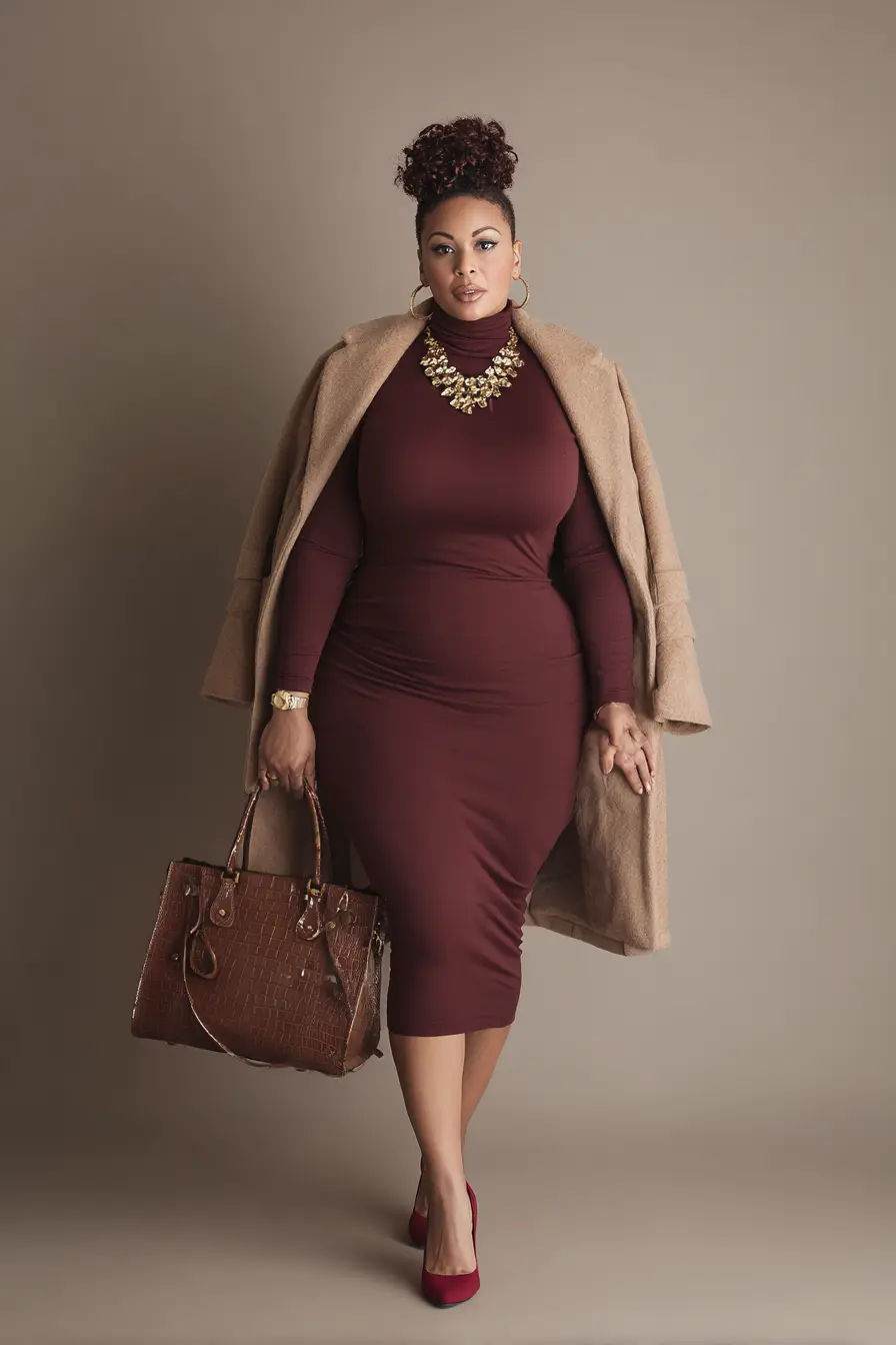 Wine Midi Dress + Camel Coat Lift