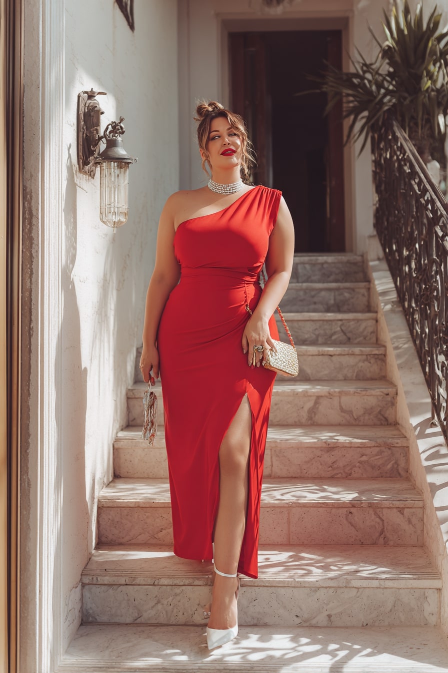 One-Shoulder Red Gown + Side Slit