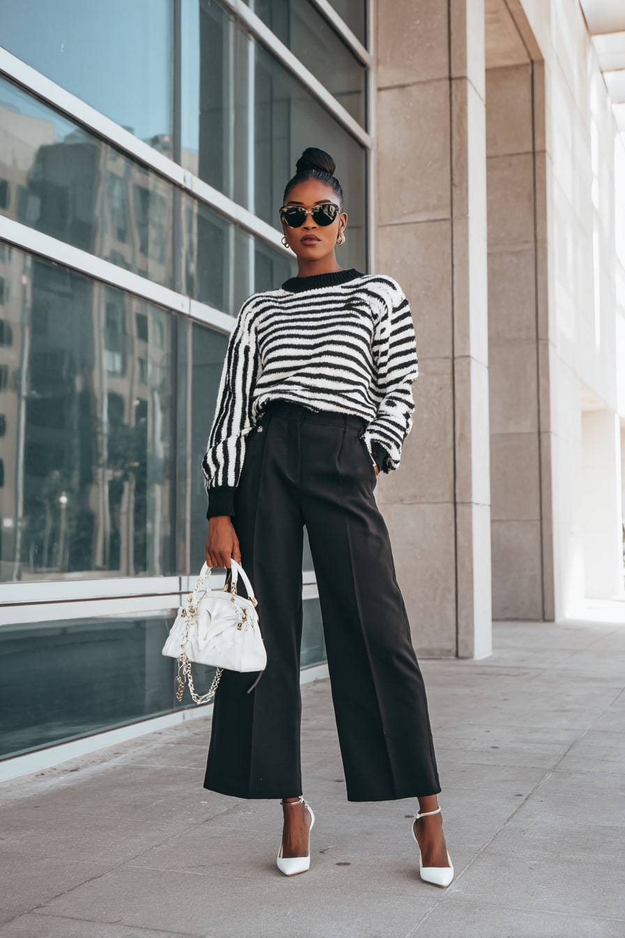 Zebra Print Sweater with Wide-Leg Black Trousers
