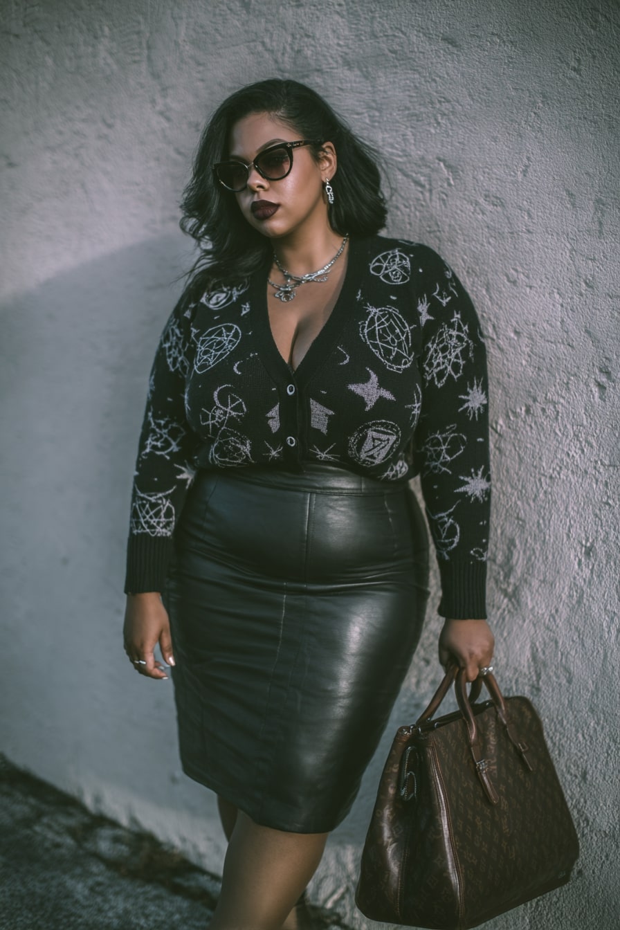 Patterned Cardigan + Leather Pencil Skirt