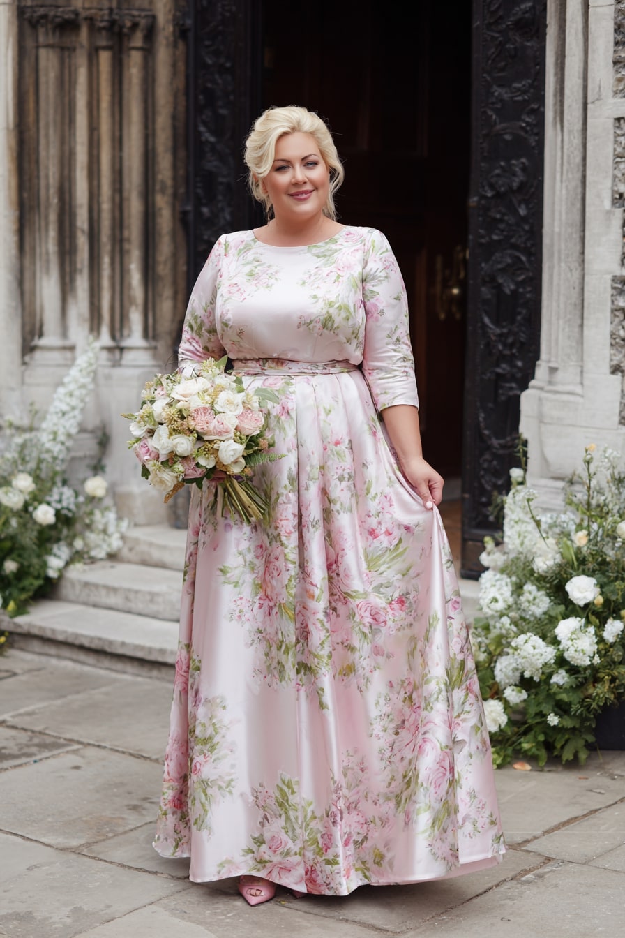 Floral Satin Gown + Soft Pleats