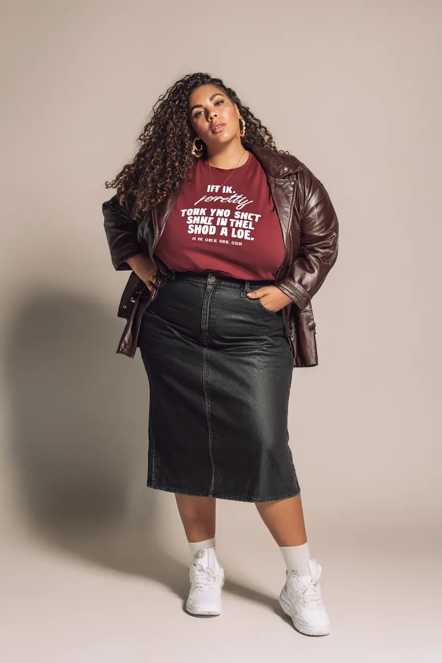 Graphic Tee + Black Denim Midi Skirt