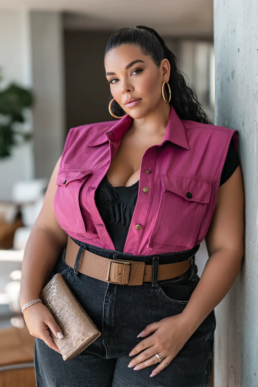 Burgundy Utility Vest + Belted Denim Contrast