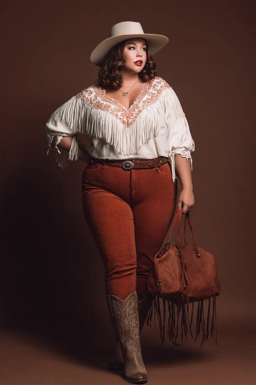 Embroidered Fringe Blouse + Rust Corduroy Pants