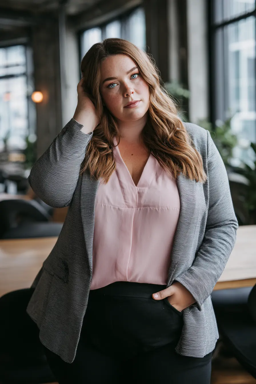 Charcoal Gray Blazer + Soft Pink Blouse