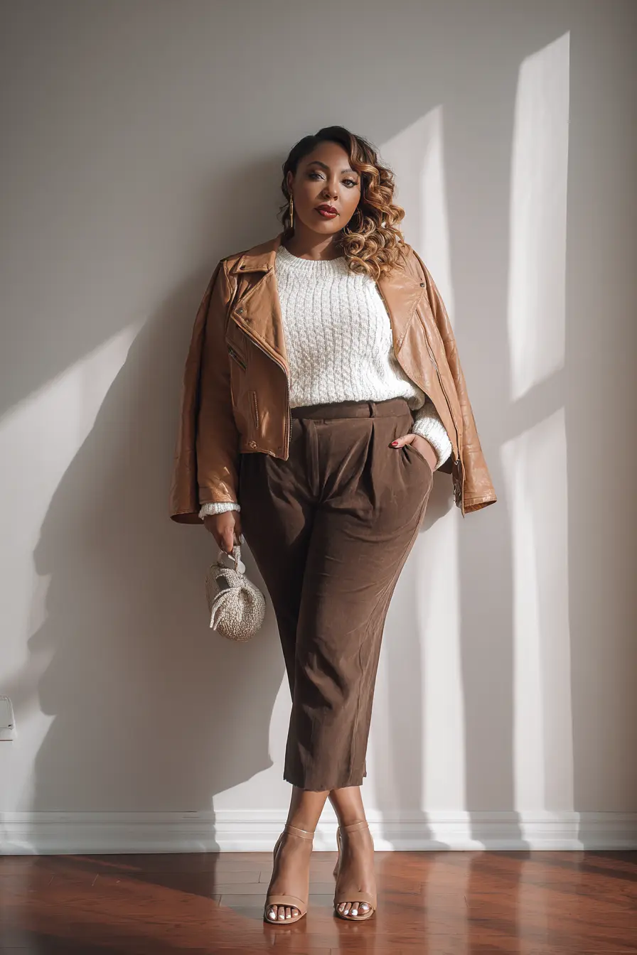 Cognac Leather Jacket + Cropped Trousers Mix