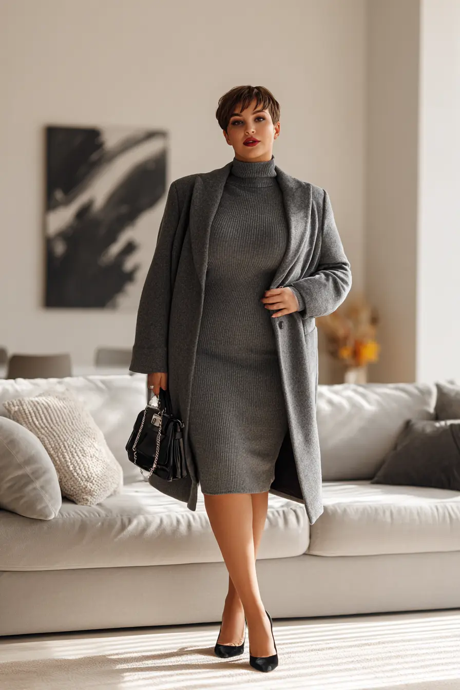 Wool Coat + Ribbed Turtleneck Dress