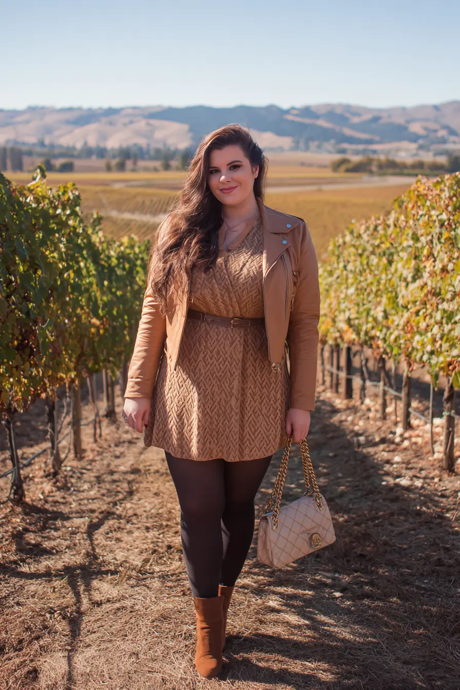 Tan Sweater Dress + Moto Jacket