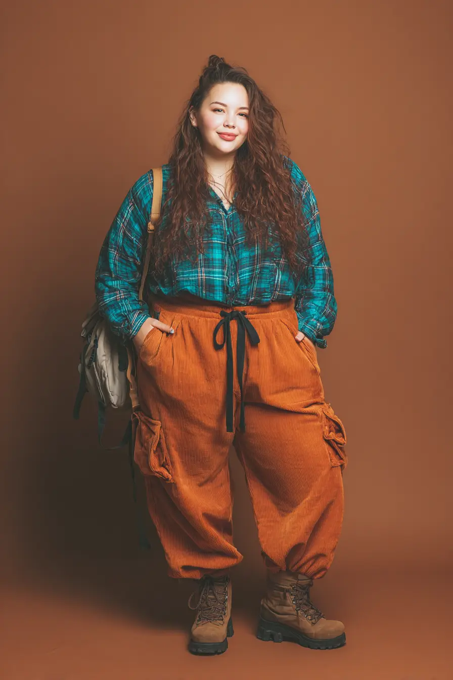 Plaid Button-Down Shirt + Relaxed Corduroy Cargo Pants