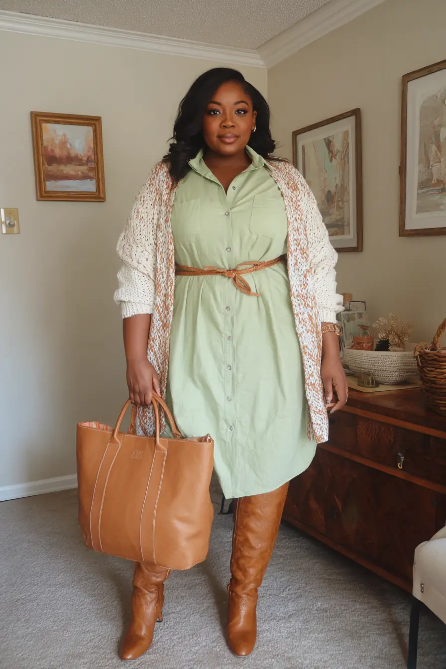 Sage Shirt Dress + Chunky Knit Cardigan