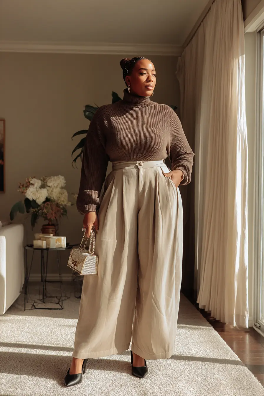 Ribbed Turtleneck + Pleated Wide-Leg Trousers